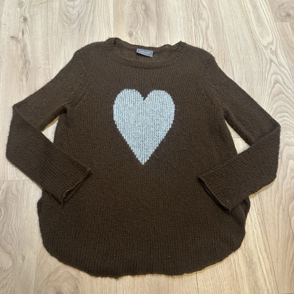 Wooden Ships Paola Beundia Brown Mohair Wool Blend Heart Sweater  S/M Open Knit